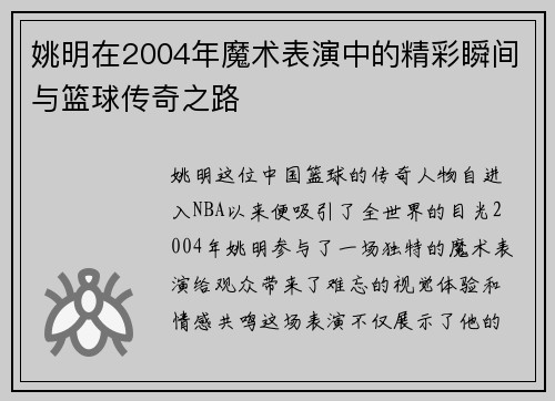 姚明在2004年魔术表演中的精彩瞬间与篮球传奇之路